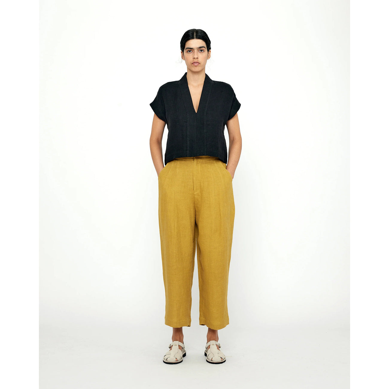 linen pleated trouser in mustard