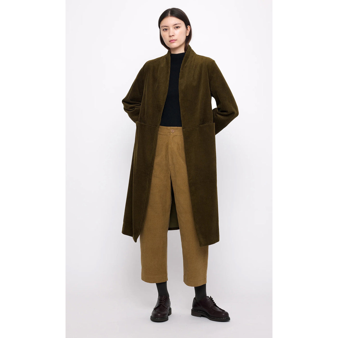 open fall coat in dark kelp