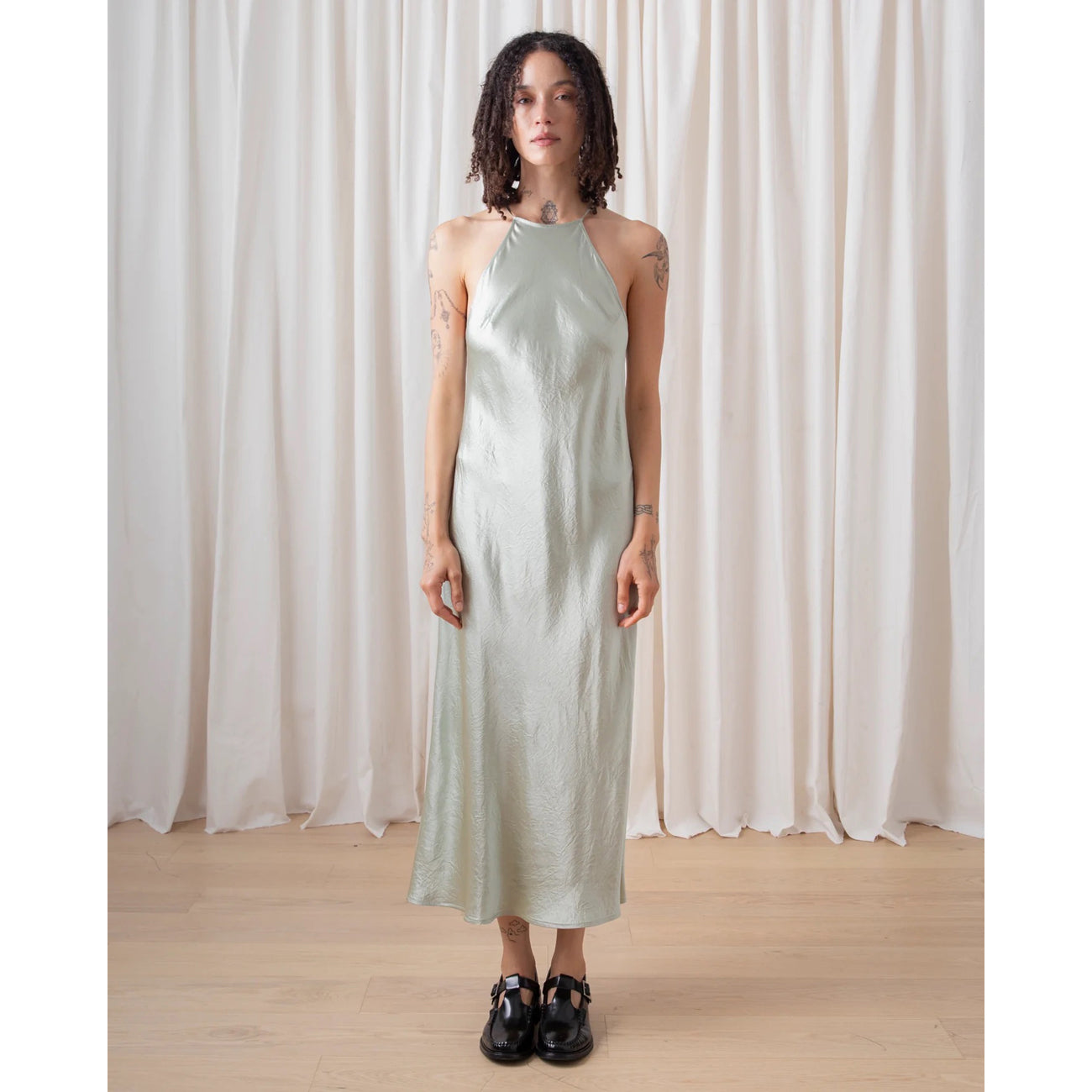 high neck bias dress in sage