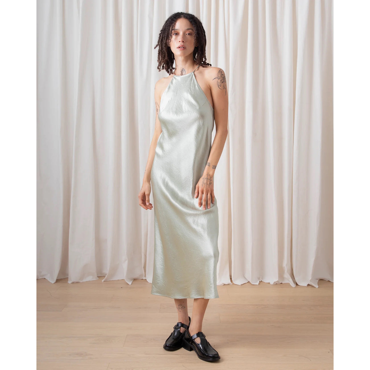 high neck bias dress in sage