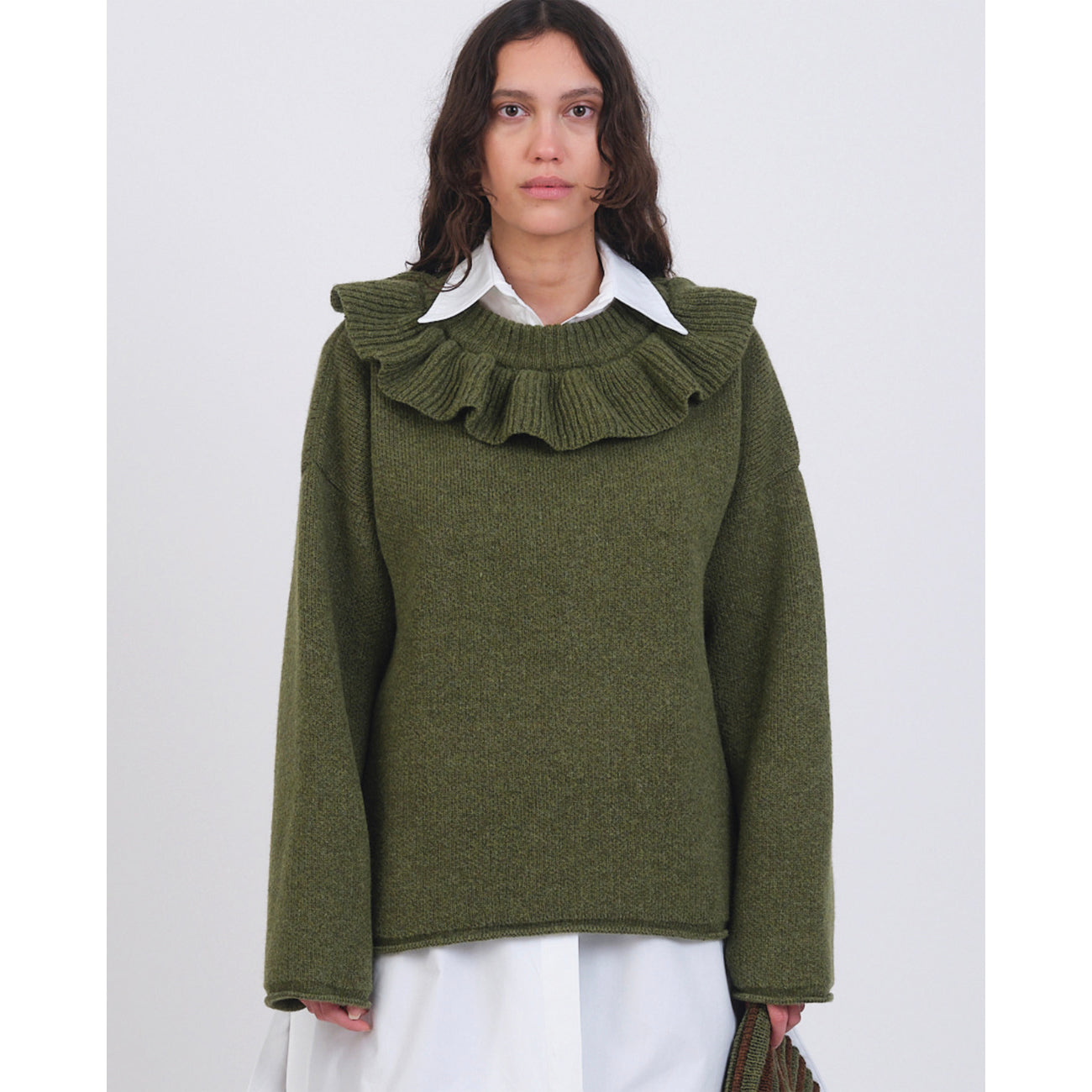 ruffle neck pullover in dark apple