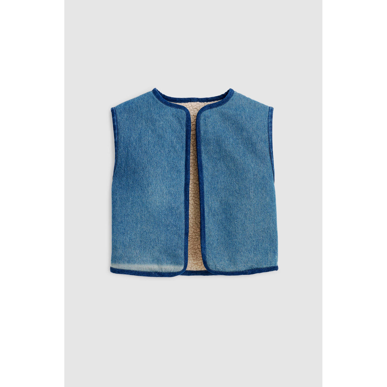 reversible denim sherpa vest in oatmeal