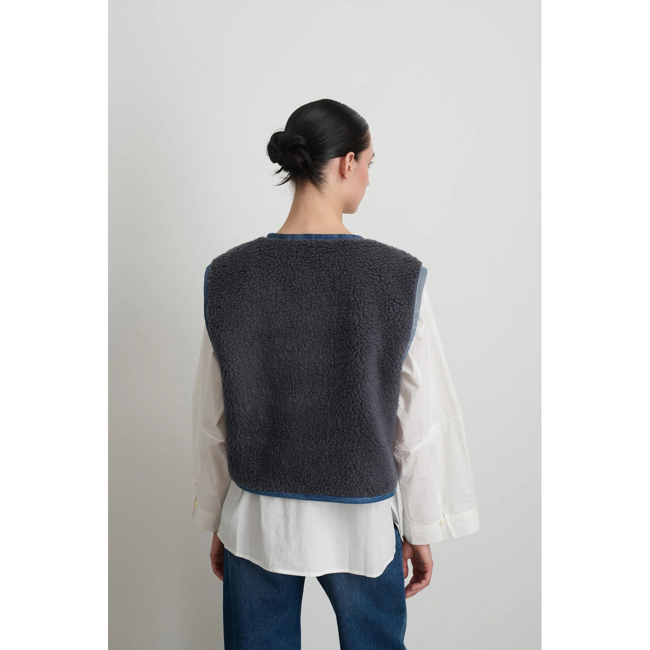 reversible denim sherpa vest in grey blue