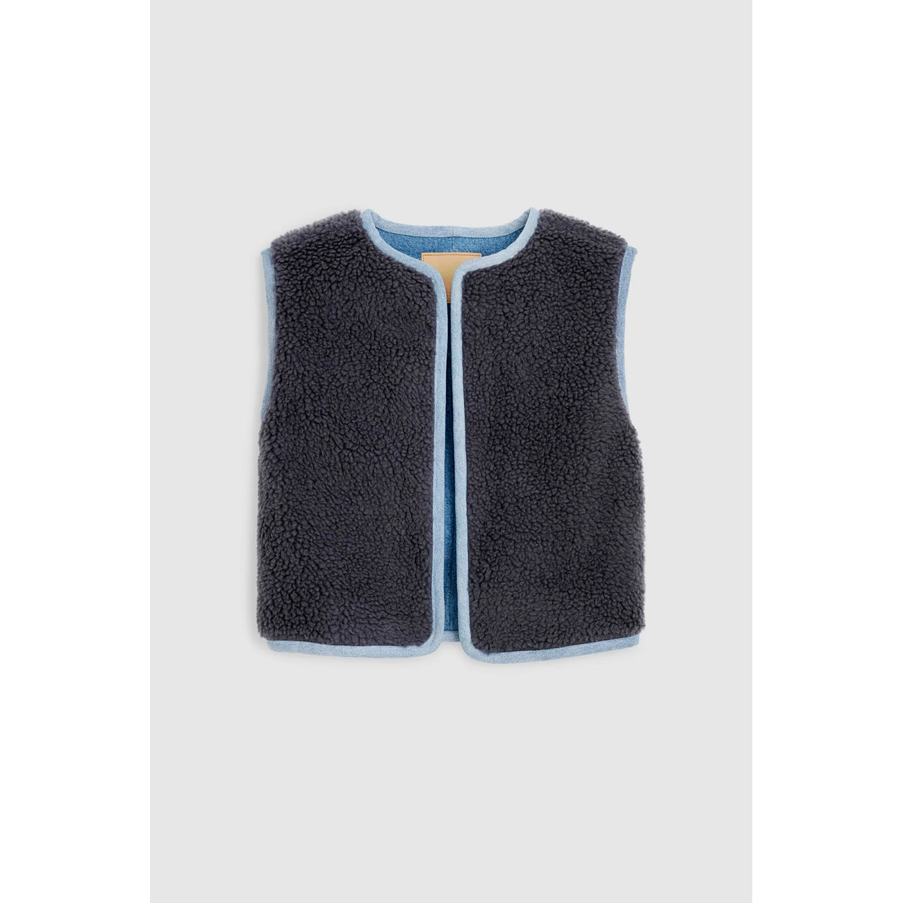 reversible denim sherpa vest in grey blue