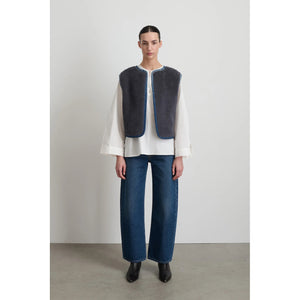 reversible denim sherpa vest in grey blue