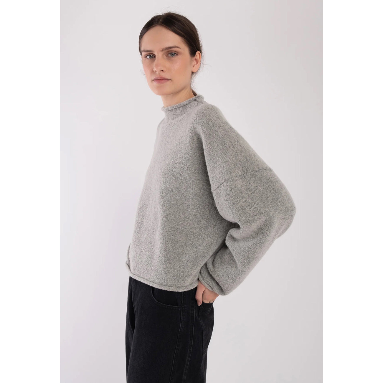 rolled sweater in heather grey boucle