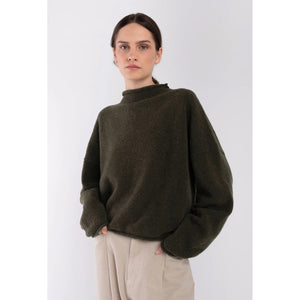 rolled sweater in dark olive boucle