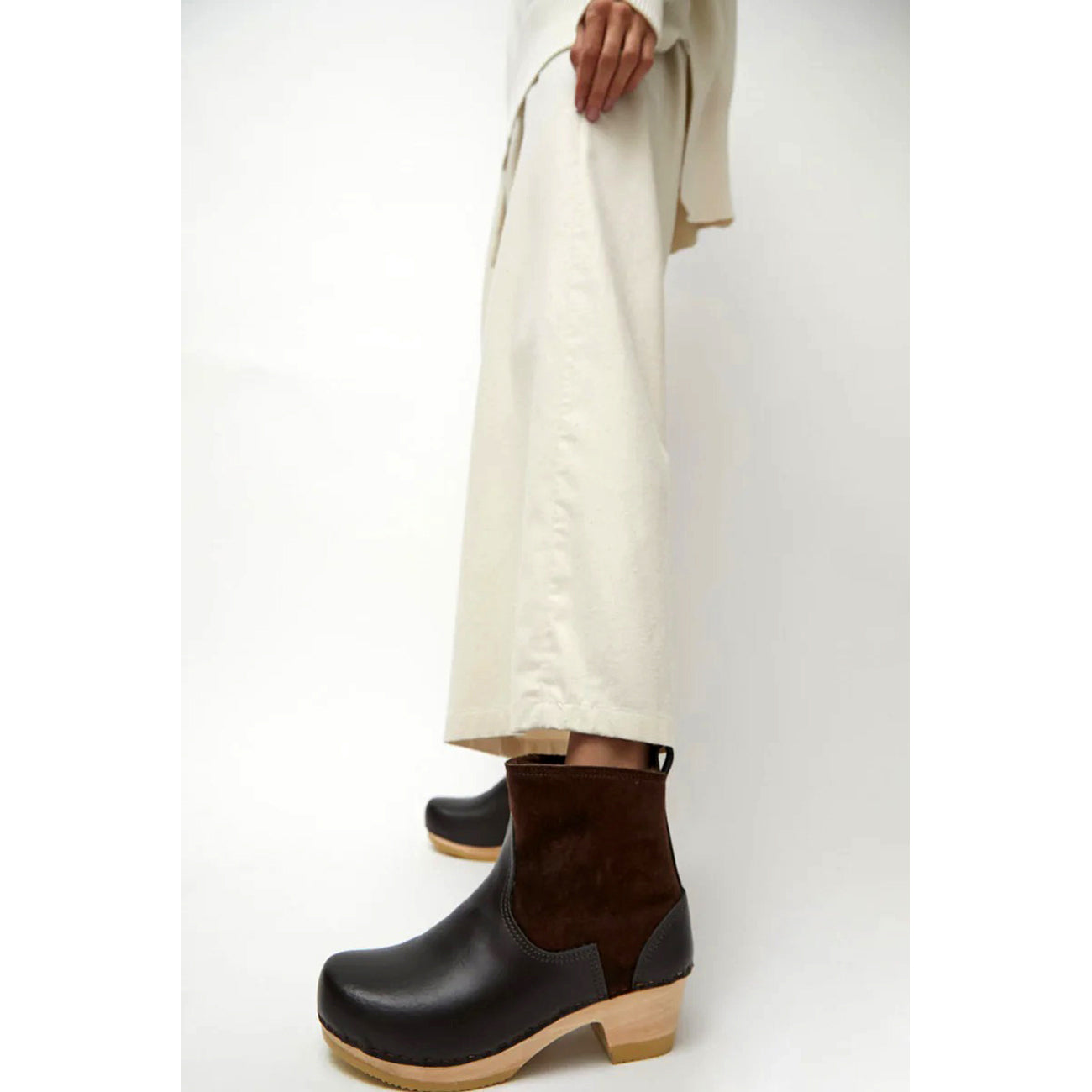 shearling clog boot on mid heel in umber