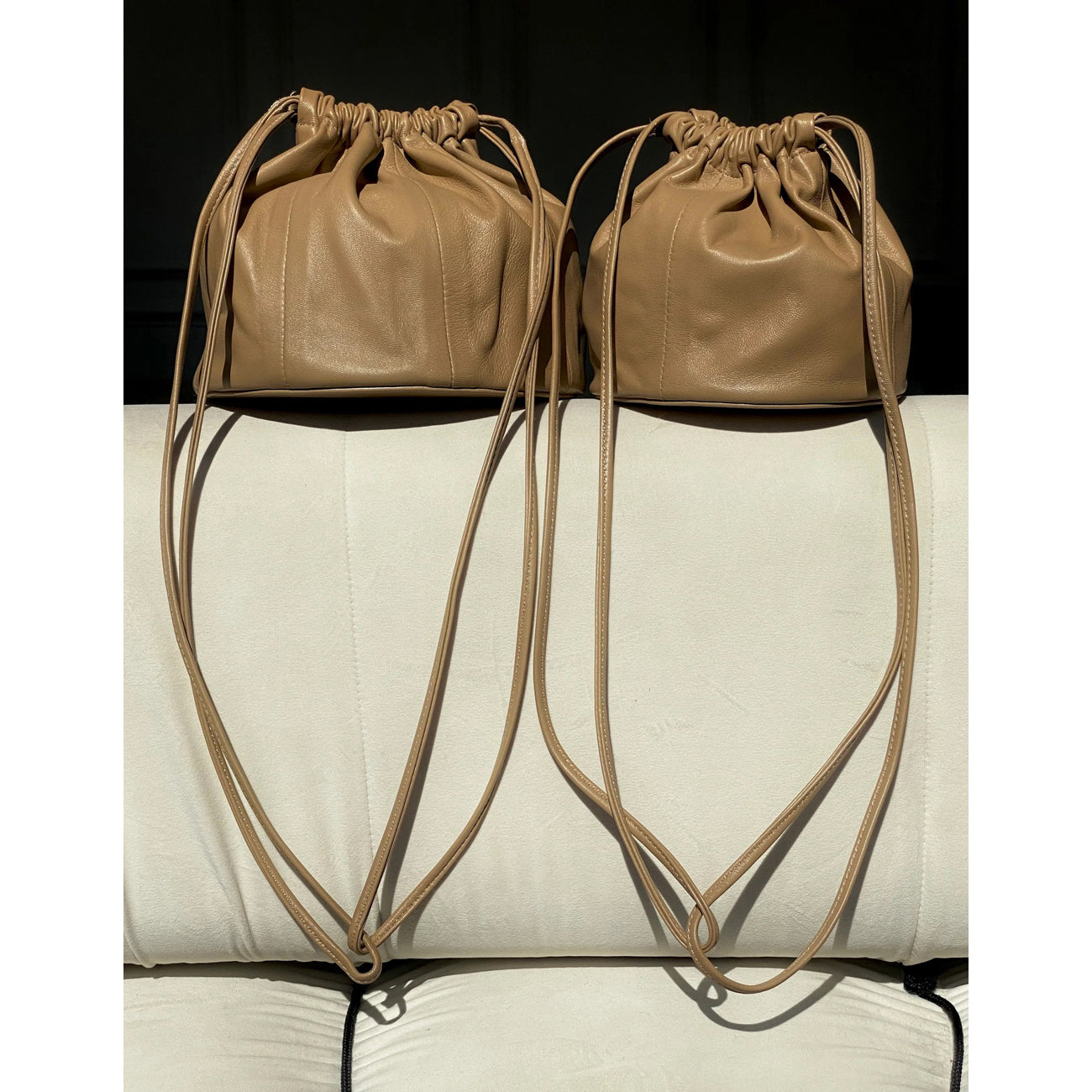 drum drawstring bucket in camel